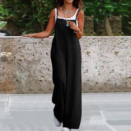 Women Strap Loose Jumpsuit Romper Boat Neck Sleeveless Playsuits Wide-Leg Trousers Solid Dungaree Bib Overalls