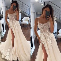 Vintage A Line Dress Spaghetti Wedding Dresses Bridal Gowns Lace Appliques Tulle Pearls Split Designer Robe Mariage 0515