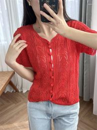 Women's Knits Women 2024 Spring And Summer Hollow Cable Crochet Button Short Sleeve Round Neck Knitted Top