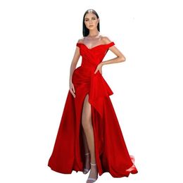 MARSEN Off The Shoulder A Line for Birde Satin prom Ball Gown with Slit Pleated Formal Evening Dresses prom AMZ