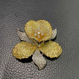 Yellow and White Colour Mixed Orchid Brooch Pins Copper with Cubic Zircon Fashion Women Jewellery High Quality