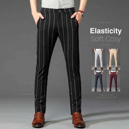 Men's Pants Brand Mens Striped Casual Pants Spring Comfortable Elastic Business Slim Straight British Fashion Trousers Black Khaki Wine Red Y240514