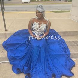 Charming Blue Mermaid Prom Dresses 2024 Beaded Crystal Tassel Evening Dress Sleeveless Floor Length Birthday Black Girls Formal Dress Elegant Vestios De Fiesta