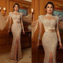 Sexy Front Split Mermaid Prom Dresses High Neck Long Sleeve Beading Crystal Evening Dress Floor Length Formal Gowns Party Wear 3294