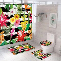 Shower Curtains Watercolor Tropical Flower Leaves Curtain Set Black White Stripe Bathroom Non-Slip Bath Mat Rug Lid Toilet Cover