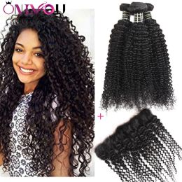 Wefts Malaysian Kinky Curly Deep Body Wave Straight Virgin Hair 3/4 Bundles with Frontal Ear to Ear Brazilian Human Hair Bundles with Cl