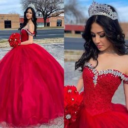 Red Quinceanera Dresses Beaded Crystals Tulle Lace Up Back Formal Pageant Gown Sweet 16 Birthday Party Ballgown Floor Length Custom Mad 296B