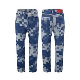 Top Brand Fashion Design Denim Pants Luxury Designer Navy Camouflage Blue Jeans Small Square Plaid Pattern Casual Sports Jean Pants