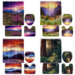 Shower Curtains Natural Scenery Mountain Forest Bathroom Set Sunset Flower Landscape Curtain Toilet Decor Non-slip Bath Mat Rugs