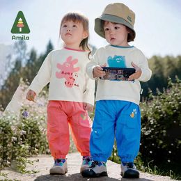 Trousers Amila Baby Boy Girl Pants 2024 Spring New Pure Cotton Breathable Cute Cartoon Pattern Baby ClothingL240502