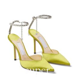 Size 34-43 JC Jimmynessity Choo Heels Italy Designer Women Saeda Sandals Shoes With Crystal Chain Stiletto Heel Party Wedding Lady Gladiator Sandalias Party 183