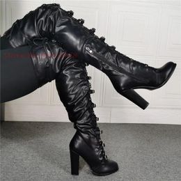Boots Round Toe Black Thigh High Belt Buckle Lace Thick Heel Funky Sexy Women Side Zipper Modern Over Knee