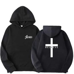 Men's Hoodies Sweatshirts Mens Faith Cross Jesus Printed Hoodie Mens Design Brushed Hoodie Top Harajuku Spring and Autumn Hoodie Sportswear Y240510
