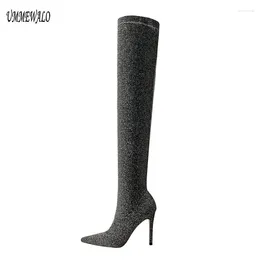 Boots Woman Pointed Toe Slim Sexy Thigh High Women Sequined Design Fashion Heel Elastic Winter Ladies Shoes