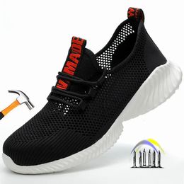 summer safety shoes black work shoes with iron toe anti-puncture light work shoes breathable safety work sneakers for men women 240504