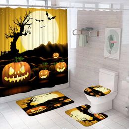 Shower Curtains Pumpkin Halloween Bat Witch Curtain Set Full Moon Night Bathroom Non-Slip Bath Mat Pedestal Rug Lid Toilet Cover