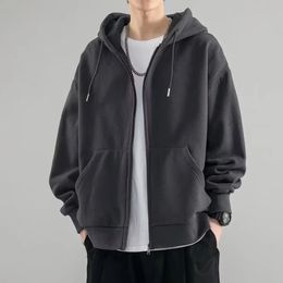 Male Clothes Black Solid Sweatshirt for Men Full Zip Up Hooded Hoodies Winter Offers High Quality Korean Style S 240428