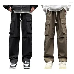 Men's Pants Elastic Waist Men Cargo High Street Style Loose Wide Leg Multi Pockets Streetwear Deep Crotch Daily Long Trousers