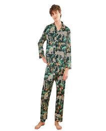 2019 Men Pajamas Sets With Pants Flower Print Nightwear Pyjama Satin Sleepwear Silk Loose Two Piece Long Sleeve Pijama9239238