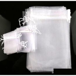 Jewelry Pouches, Bags 100Pcs/Lot Sell 4Sizes White Organza Gift Pouch For Wedding Favors Drop Delivery Packing Display Dhqhc