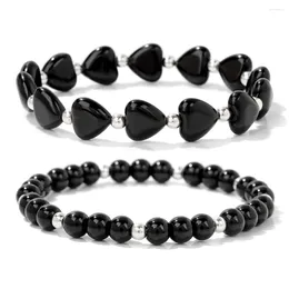 Strand 2Pcs/Set Black Obsidian Beads Bracelets Silver Colour Spacer Set Natural Stone Opalites Bangle For Women Men Gift