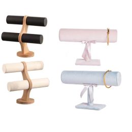 Bracelets Wooden T Shape Two Layers Bracelet Jewellery Storage Display Stand Bar Wine Rack Watch Storage Desktop Rack for Hair Band