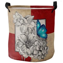 Laundry Bags Butterfly Flower Retro Dirty Basket Foldable Round Waterproof Home Organizer Clothing Children Toy Storage