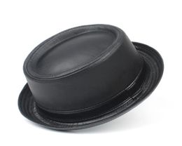 Men Balck Pork Pie Hat For Dad Leather Fedora Hat Fashion Gentleman Flat Bowler Porkpie Top Size S M L XL9874158