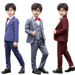 Boys Korean version of the suit children's plaid suit waistcoat dress four-piece set (jacket + waistcoat + shirt + trousers) Complimentary bow tie