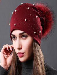 Women039s Fashion Hat Autumn Winter Rhinestones Pearl Hats Female Beanies Natural Raccoon Fur Pompom Cotton Warm Caps3784015