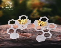 Lotus Fun Real 925 Sterling Silver Earrings Natural Fine Jewelry Honeycomb Home Guard 18K Gold Bee Drop Earrings for Women Gift 221388912