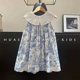 Girl's Dresses FROck for girls dress Vintage Lotus Leaf Collar Ink Can Top Skirt Flower baby girls dress 1-11 kids clothes d240515