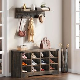 Coat Rack and Shoe Bench Set Entryway with Storage 12 Cubbies Adjustable Shelf 240508