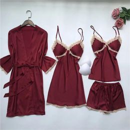 Women's Sleepwear 2024 Spring Autumn Women Silk Pyjamas Sets With Chest Pads Pijama 4/2/1 Pieces Spaghetti Strap Satin Pyjamas