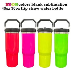 Neon 2024 New 30oz 40oz Stainless Steel Coffee mug Tumbler Bright Painting Double Wall Insulated Vacuum With Flip Straw bottle 0515