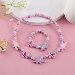 Beaded Necklaces Fashion Necklace Bracelet Set Natural Wood Beads Cute Cartoon Pattern Childrens Toy Jewelry Girl Birthday Gift Jewelry Set d240514