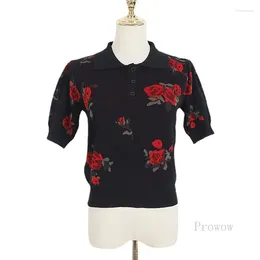 Women's Polos Laides Summner Tops 2024 Rose Jacquard Knitted Half-open Lapel Short Sleeve T-shirt Women Black Sumer Tee Polo Shirt