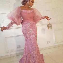 Puff Sleeves Mermaid Evening Dresses Aso Ebi Lace Appliques Prom Dress Plus Size Sheer Neck Formal Party Gowns 2787