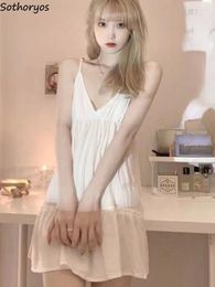 Women's Sleepwear White Nightgowns For Women Retro French V-neck Cute Girlish Sexy Mini Nightdress Simple Loose Summer Home Sleeveless