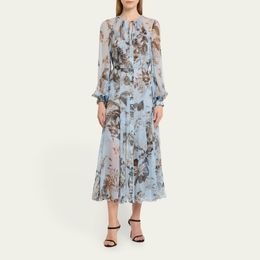 womens dress silk light blue floral printed long sleeved crew neck midi dress