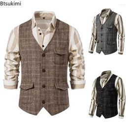 Men's Tank Tops 2024 Plaid Tweed Vest Vintage Single-breasted Waistcoat Top England Style Suit Casual Business Party Vests