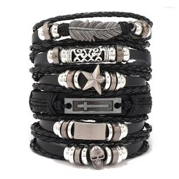 Charm Bracelets 6pcs/set Vinatge Gothic Punk Multilayer Genuine Leather Bracelet Men Braided Weave Bangles Wristbands Jewellery