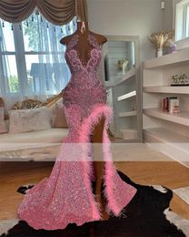 Sparkly Sequin Long Prom Dresses 2024 High Slit Pink Luxury Crystal Beaded Dress for Black Girls Luxury 2024 Girls Mermaid gows
