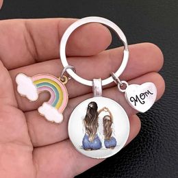 Keychains Lanyards Lovely Rainbow Mom Keychain Family Super Mom Boy Girl Mothers Day Gift Keychain Mens and Womens Fun Glass Cabochon Keychain Y240510