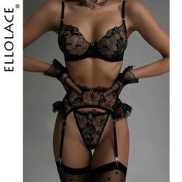 Sexy Set Ellolace Fancy Lace Lingerie Ruffle Garter Belt Underwear Transparent Bra And Panty Set Seamless Intimate Sensual Exotic Sets T240513