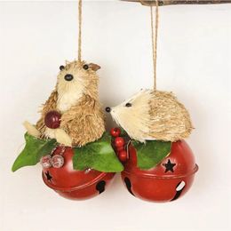 Party Supplies Christmas Tree Bells Straw Bear And Hedgehog Pendant Noel Jingle Metal Decor Craft Ornament 3.5"