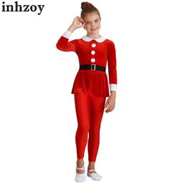 Cosplay Kids Girls Santa Claus Christmas Elf Costume Xmas Party Cosplay Performance Bodysuit Long Sleeve Pompom Jumpsuit with WaistbandL2405