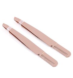 High quality Steel Slanted Tip Eyebrow Tweezers with brow comb Rose gold Face Hair Removal Clip Brow Trimmer Makeup Tool Accept lo4192894