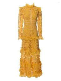 Casual Dresses Fashion Designer Women's Yellow Flounces Collar High Waist Hollow Out Embroidery Summer Dress