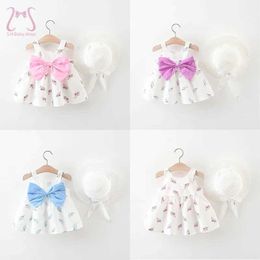 Girl's Dresses 2 pieces/set of exquisite childrens clothing Sweet Flower Bow Baby Girl Dress Summer Thin Cute Childrens Clothing 0-3 Y Baby Clothing+Hat d240515